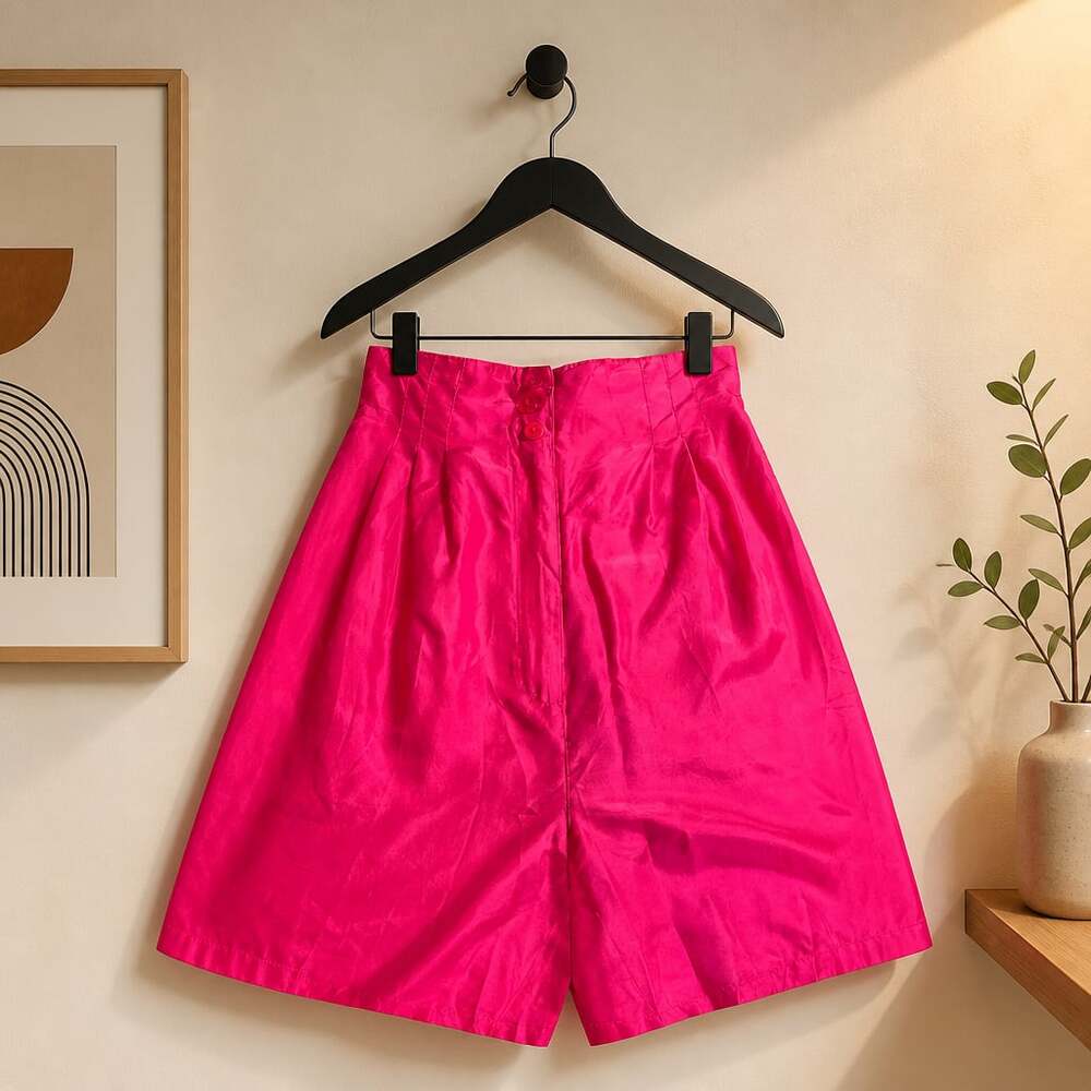 Leena Studio Vintage Hot Pink 100% Silk Pleated Bermuda Shorts
